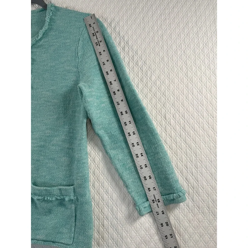 Viintage‎ Cardigan Sweater Blazer Women SP Teal Marl Knit Open Front Fringe Trim